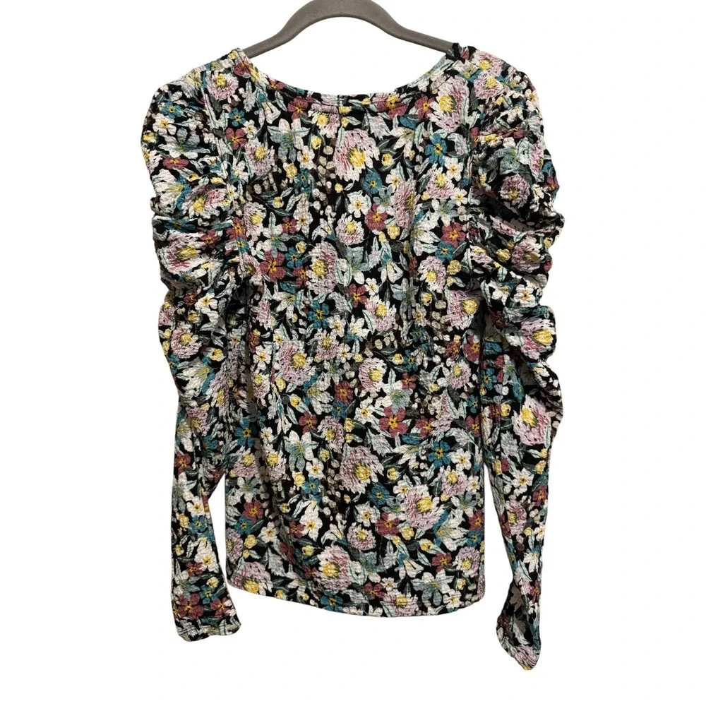 LOFT Floral Puff Sleeve Rushed Top Women's Size M Multicolor Fairy Cottagecore